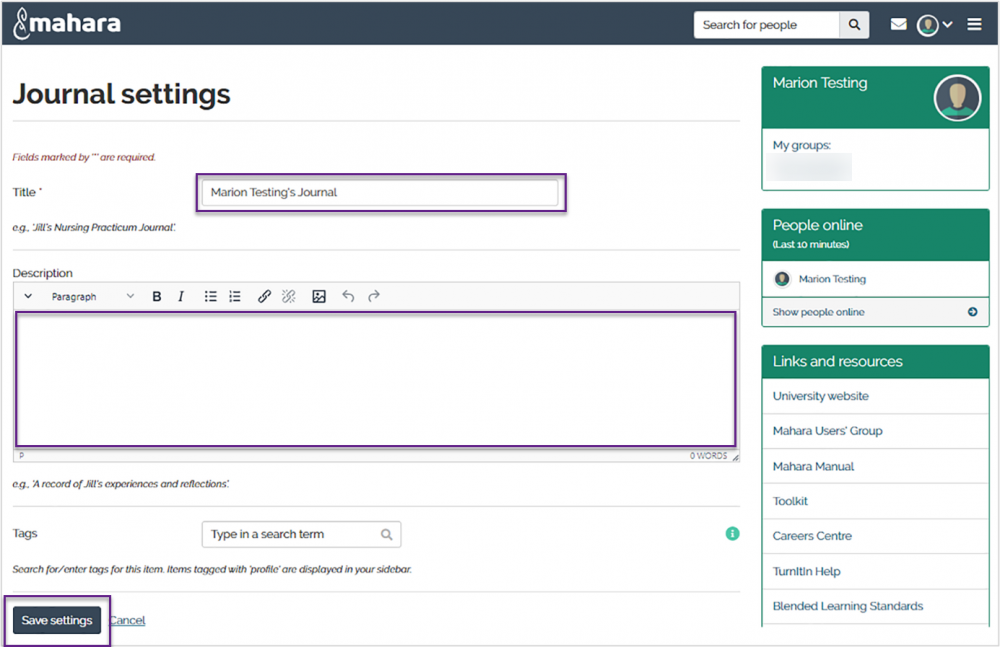 Journals settings screen